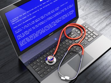 Laptop with blue error screen and stethoscope clipart