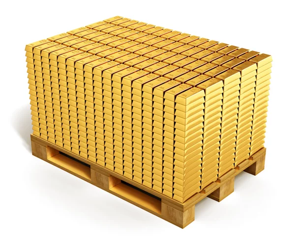 Hromady zlatých ingotů na přepravní palety — Stock fotografie