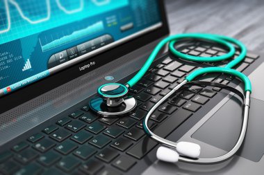 Laptop with medical diagnostic software and stethoscope clipart