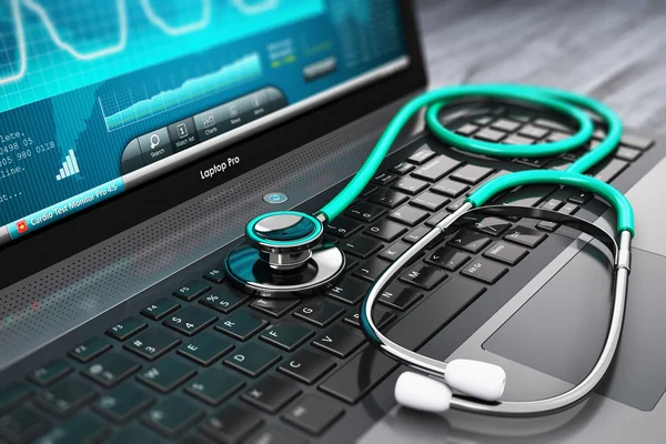 Laptop com software de diagnóstico médico e estetoscópio — Fotografia de Stock