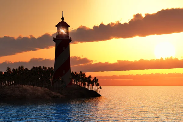 Dramatic sunset with lighthouse on island in sea — Stock Photo, Image