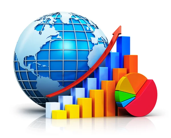 Groeiende staafdiagrammen, cirkeldiagram en Earth globe — Stockfoto