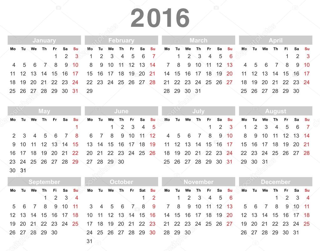 Volharding passen circulatie 2016 jaar jaarlijkse kalender (maandag eerst, Engels) vectorafbeelding door  © scanrail ⬇ Vectorstock #92567922
