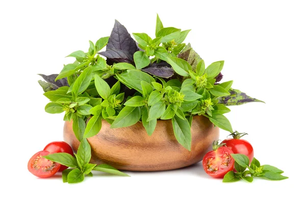 Basil leaves with cherry tomatoes — Stock Photo, Image