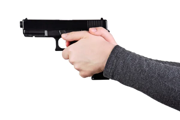 Female hands aiming gun — Stock Photo, Image