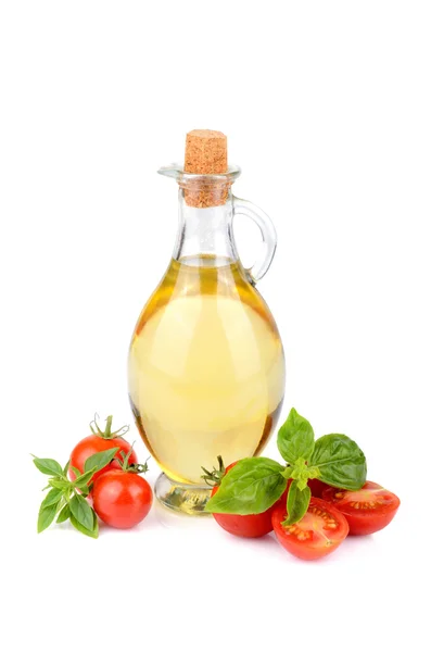 Olive oil green basil and cherry tomatoes — Stock Photo, Image