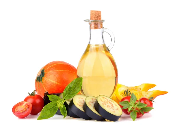 Olive oil with pumpkin, eggplant and tomatoes — Stock Photo, Image