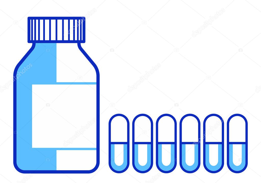 Flat illustration of the medical bottle and capsule pills