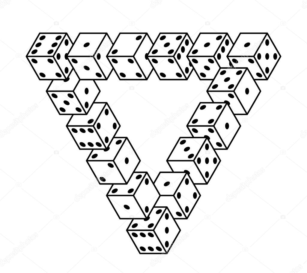Illustration of abstract impossible Penrose triangle from dice cubes