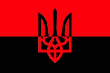 Kırmızı-siyah bayrak ve Ukrayna arması.