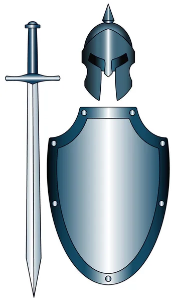 Ilustración Casco Antiguo Espada Escudo — Vector de stock
