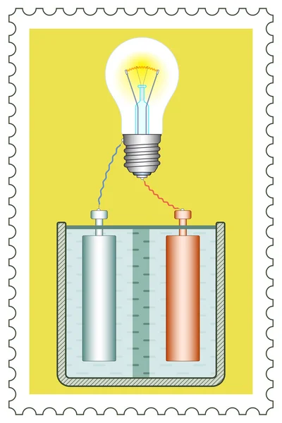 Batterij en lamp op postzegel — Stockvector