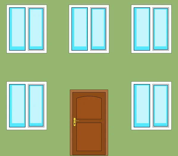 Puerta y ventanas en fachada de pared verde — Vector de stock