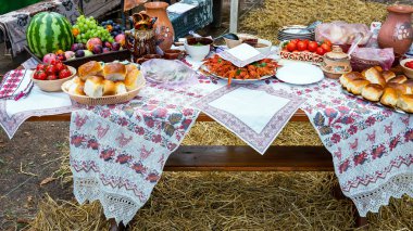 Outdoor table with various snacks