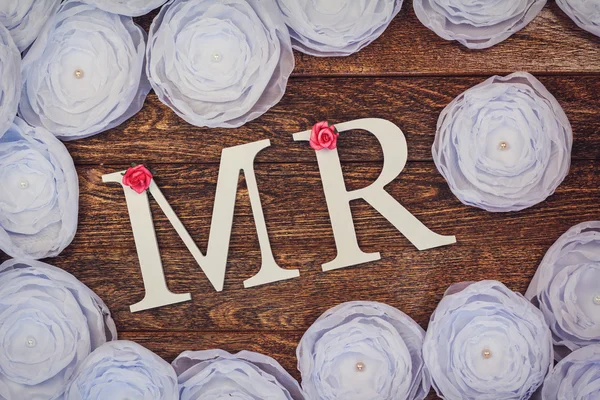 Fundo de casamento de madeira com letras — Fotografia de Stock