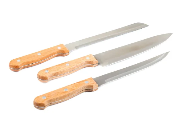 Trois Couteaux Cuisine Avec Manche Bois Isolé Sur Fond Blanc — Photo