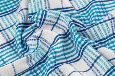 Arka plan olarak mavi ve beyaz mutfak havlusu dokusu, yatay resim.