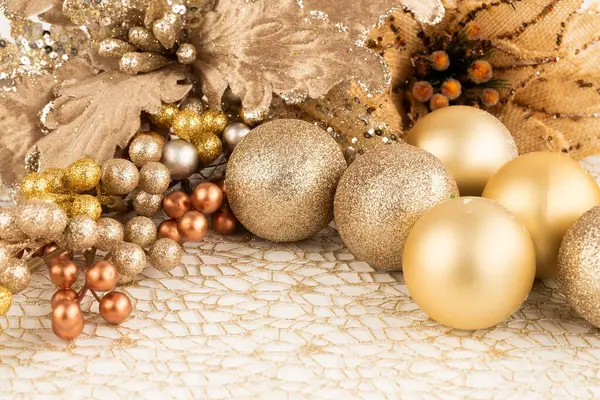 Christmas Decoration Balls Flowers Golden Shining Net — Stock Photo, Image