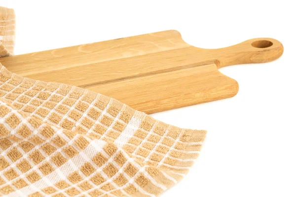 Tavola Legno Asciugamano Cucina Sfondo Bianco — Foto Stock