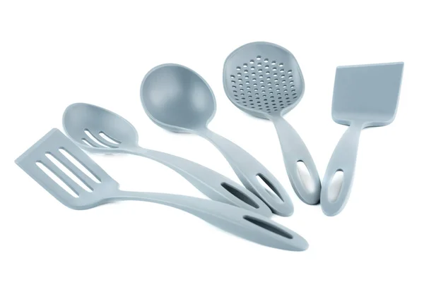 Set Utensilios Cocina Plástico Gris Aislados Sobre Fondo Blanco —  Fotos de Stock