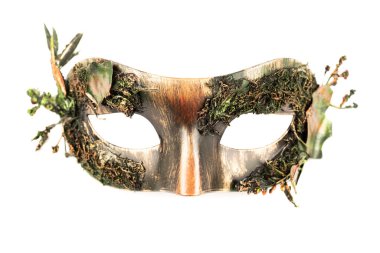 Beyaz arka planda kuru yosunlu karnaval maskesi.