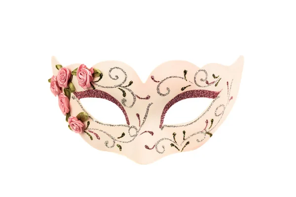 Černá Karnevalová Maska Růžovou Ozdobou Izolované Bílém Pozadí — Stock fotografie