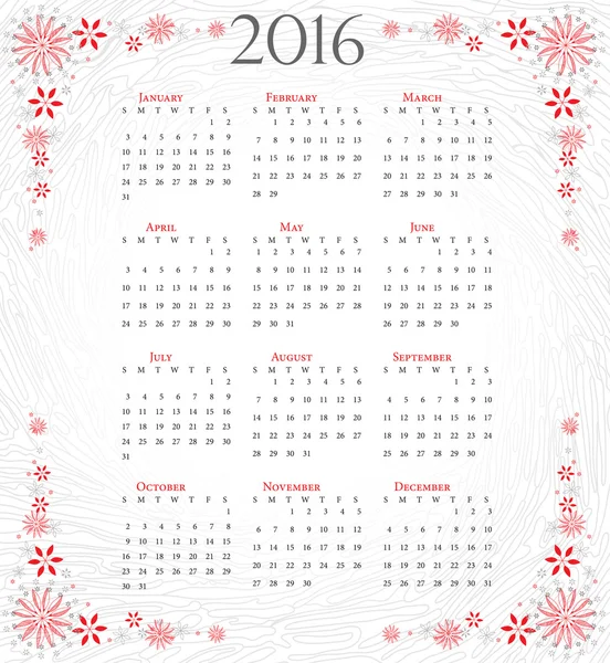 Calendrier 2016 : année complète sur fond artistique gris — Image vectorielle