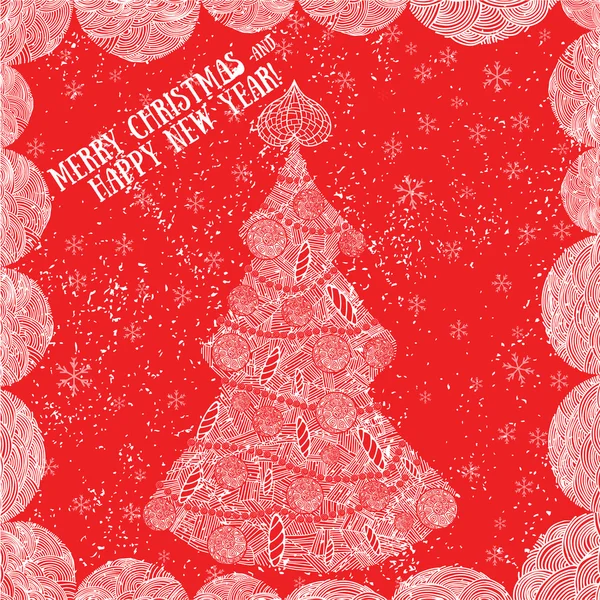 Weihnachtsbaum mit Girlanden und Dekoration auf rotem Schnee Hintergrund — Stockvektor