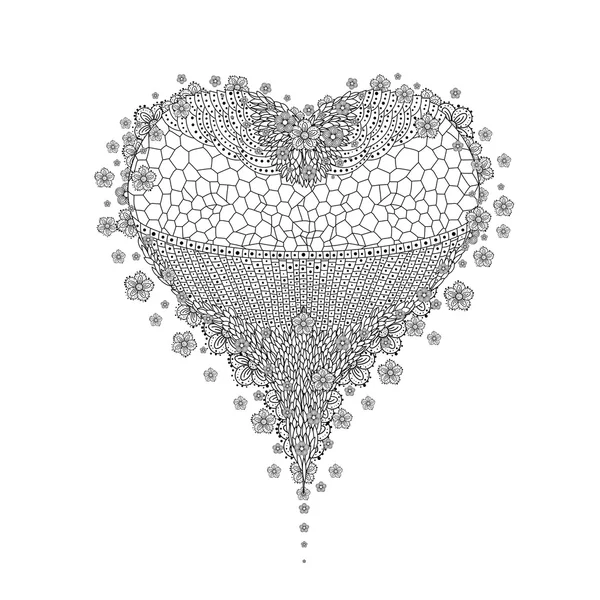 Coração zentangle isolado com flores — Vetor de Stock