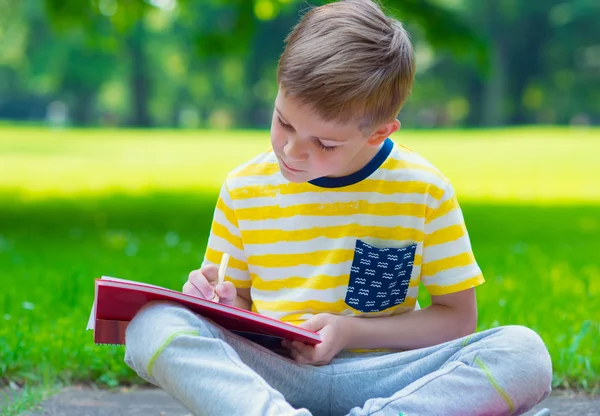 Portrait d'un garçon mignon, il dessine dans le parc — Photo