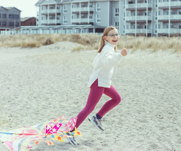 Happy Cute Little Teen Child Girl Running Having Fun Colorful — Stock Photo, Image