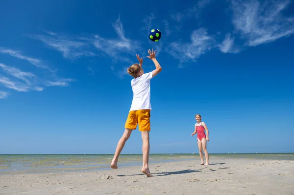 青い空を背景に 夏の晴れた日にビーチでボールで遊ぶ幸せな子供たち — ストック写真