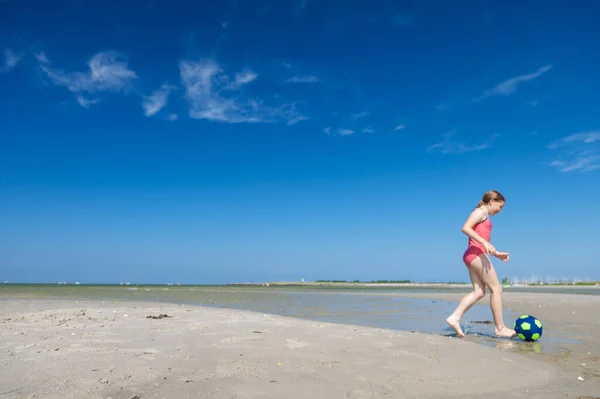 Cute Little Teen Girl Playing Having Fun Ball Beach Sunny — Zdjęcie stockowe