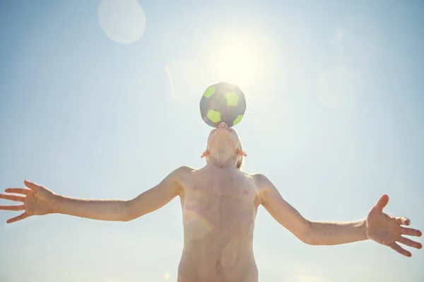 Portrait Teen Boy Playing Volleyball Ball Beach Sunlight Background Summer — Stock Photo, Image