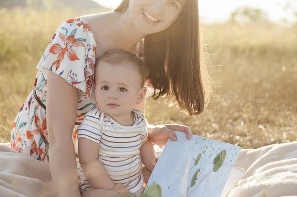 Happy Pretty Mother Her Cute Little Son Enjoying Summer Sunlights — стоковое фото