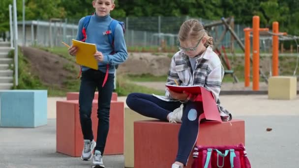 Les Écoliers Étudient Font Travailler Équipe Ensemble Sur Cour École — Video