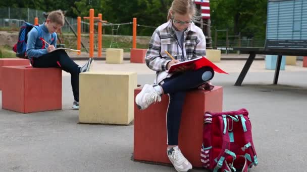 Schoolkinderen Studeren Maken Samen Teamwork Het Schoolplein 60Fps Video — Stockvideo