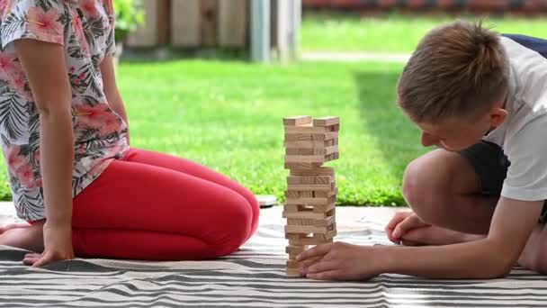 60Fps Video Van Twee Vrolijke Broertjes Zusjes Die Met Houten — Stockvideo