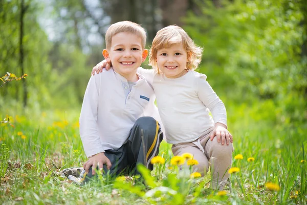 Amando a hermanito y hermana en el bosque — Foto de Stock