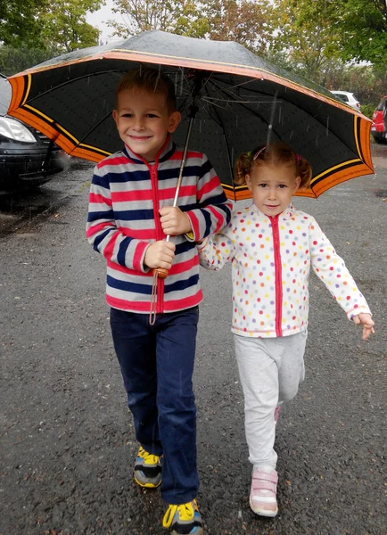 Mladší bratr a sestra pod deštníkem v dešti — Stock fotografie