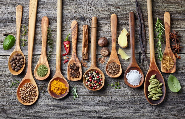 Spices on a wooden background