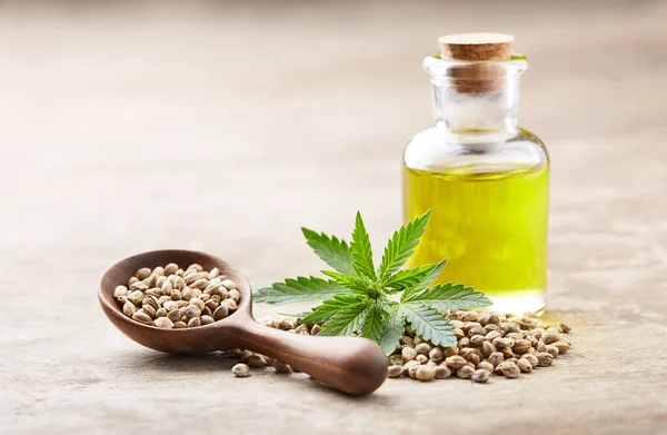 Hemp Oil Seeds Cannabis Plant Wooden Background — Stock Photo, Image
