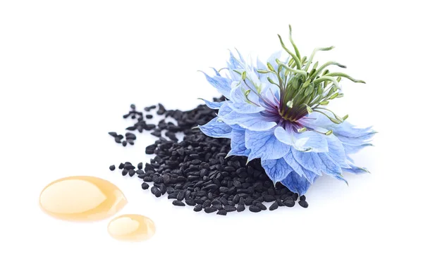 Schwarzkümmelsamen Und Tropfenöl Mit Nigella Sativa Blume Auf Weißem Hintergrund — Stockfoto