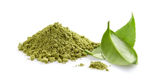 Polvo Matcha Con Hojas Verde Sobre Fondo Blanco — Foto de Stock