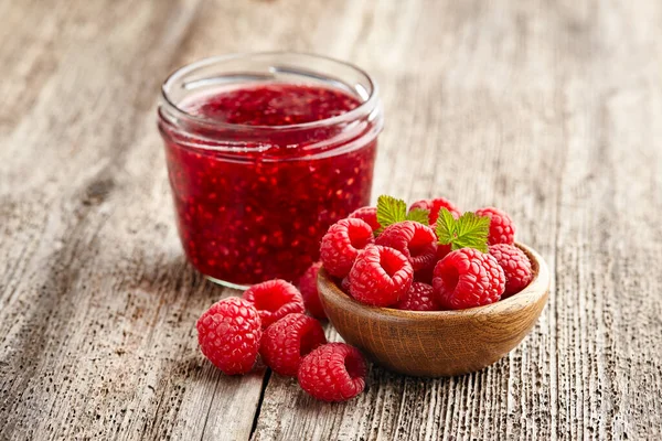 Raspberry Jam Berry Wooden Background — Stock Photo, Image