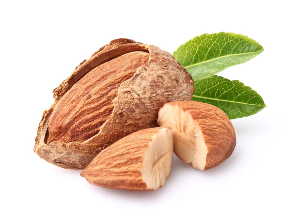 Nueces de almendras con hojas — Foto de Stock