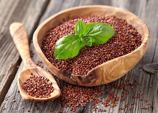 Sementes de quinoa com folhas de manjericão — Fotografia de Stock