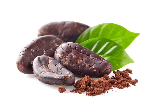 Cacao beans with leaves — Stock Photo, Image