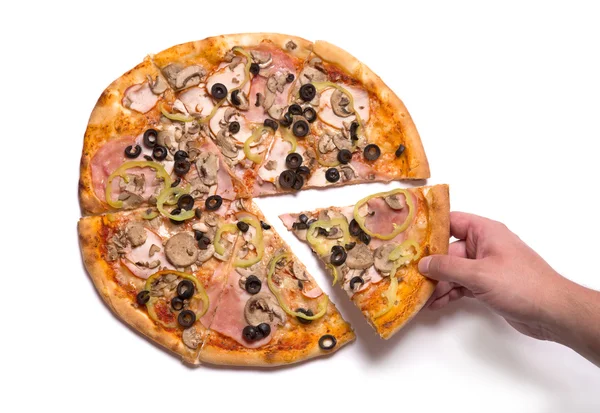 Maschio mano raccolta pizza fetta — Foto Stock