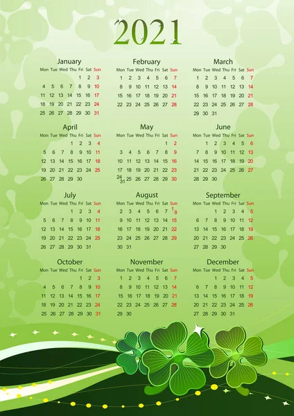 2021 Календар Конюшиною Дня Святого Патрика Починаючи Понеділка — стоковий вектор